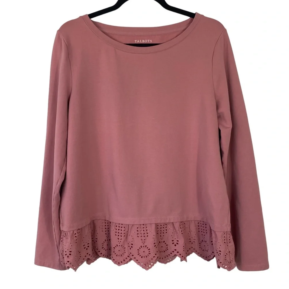 Talbots Women’s Dusty Rose Pink Long-Sleeve Top, Lace Eyelet Ruffle Trim, Size L - Picture 1 of 11